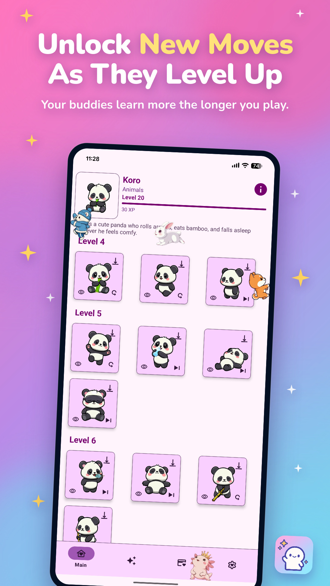 熊猫角色 Koro 的等级页:Level 20,按等级分组的动作网格