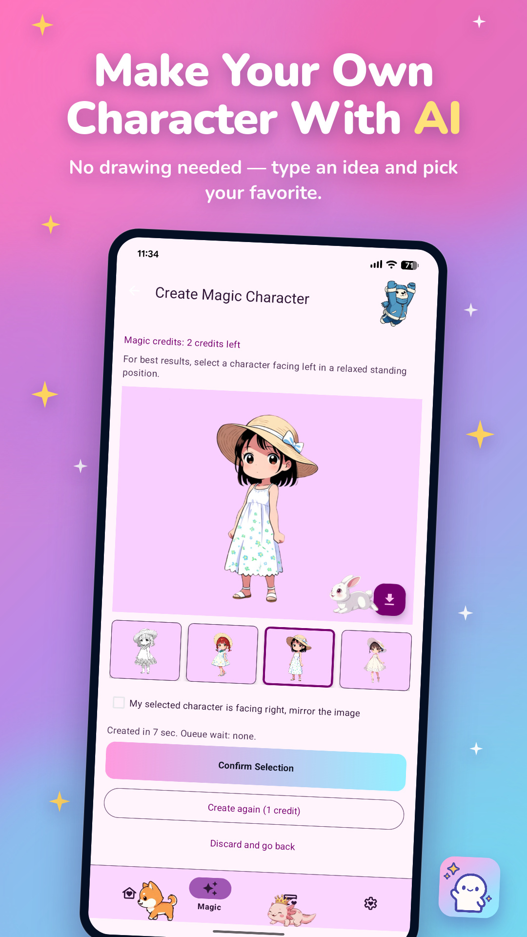 Magic 生成角色页:候选形象四选一与确认按钮